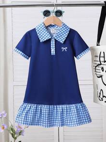 SHEIN 女童拼布格子 Polo 领短袖休闲连衣裙 - 彩色 - 查看 9