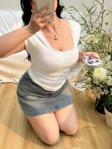 SHEIN EZwear Camiseta de manga corta con cuello cuadrado de color sólido talla grande - Blanco - Ver 6