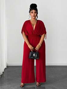 Maweii Bộ jumpsuit dáng rộng, thanh lịch, lãng mạn, cổ chữ V, thắt eo, dành cho nữ, cỡ lớn. - Đỏ - Xem 5