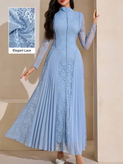 Graceveil فستان رسمي أنيق للنساء من التصميم المنقوش بالشيفون والدانتيل الرمادي الأزرق مع الطيات الأنيقة