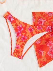 Swim Basics Bộ bikini 3 món in họa tiết hoa, đồ bơi đi biển cho kỳ nghỉ. - trái cam - Xem 5