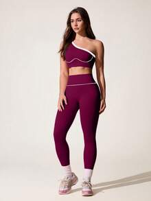 SHEIN Sports 无缝单肩瑜伽背心和高弹提臀女士运动套装 - 中紫紅色 - 查看 6