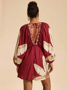 Travachic Đầm ngắn tay dài cổ chữ V in họa tiết du lịch dành cho nữ - Nhiều màu - Xem 2