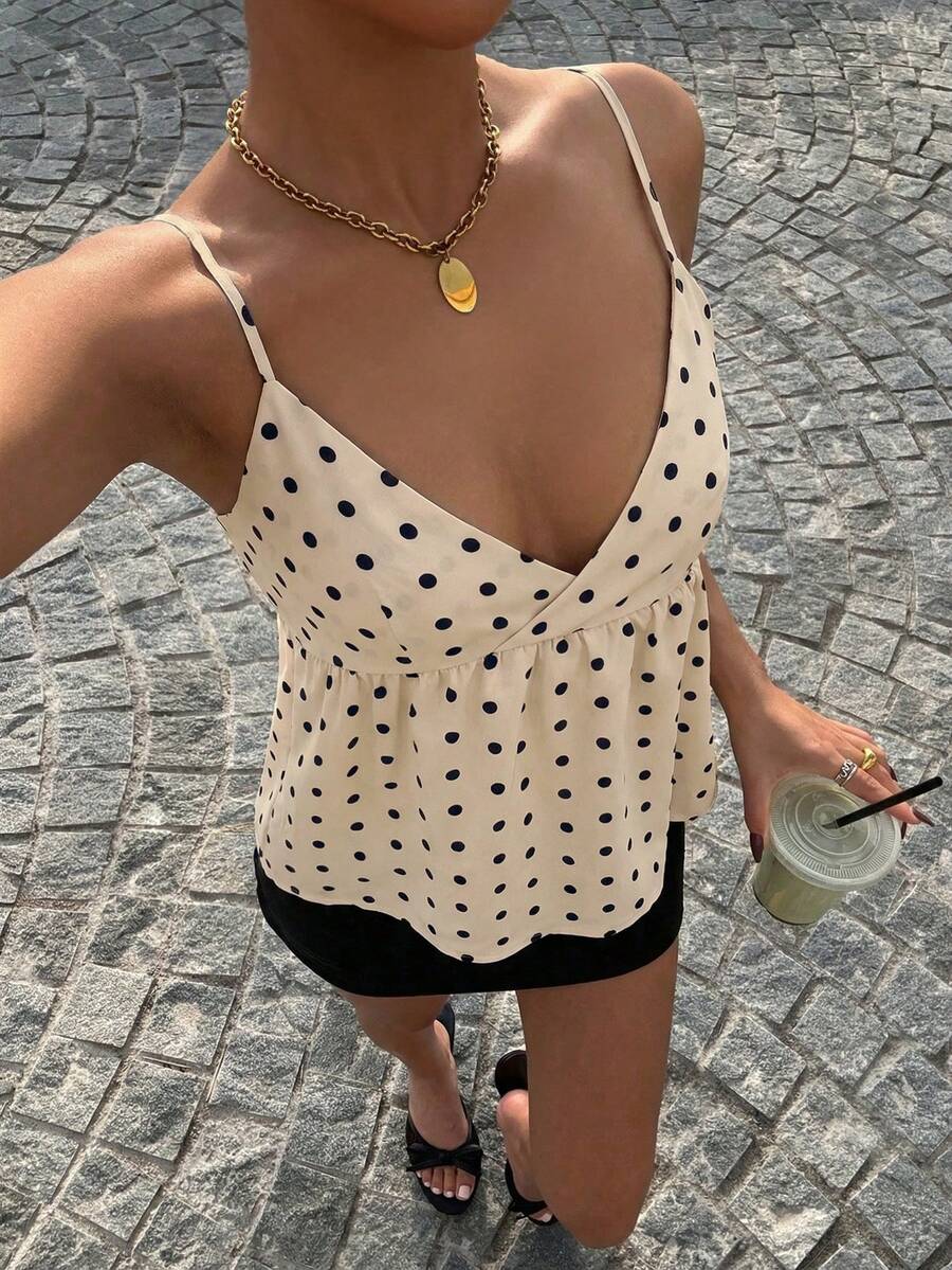 Muchica Women's Casual Vacation Polka Dot V-Neck Camisole, Spring/Summer,Summer Top - Apricot - View 1