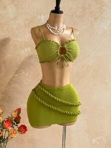 Soleia 新款扭结吊带紧身迷你裙，百搭波西米亚风，充满假日气息，适合秋季女装，复古风，度假风 - 綠色 - 查看 7