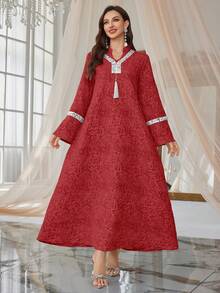 Al Najma Abito casual da donna con colletto alto, design con frange e paillettes, adatto per uscite e feste - Rosso - Visualizzare 4