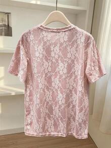 Resyla Lace Composite Milk Crafted Fashionable Minimalist Elegant Women's Round Neck Short Sleeve T-Shirt, Gift For Friends Everyday Pink Floral Summer - Pink - View 2