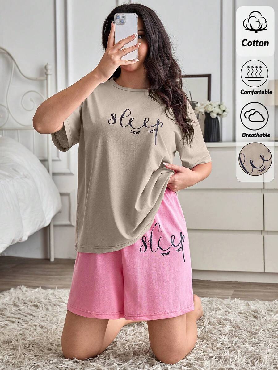 SHEIN Cotton Plus Women 2 Pcs Pink Contrast Colour Sleep Lettered Pattern Detail Top& Elastic Waist Solid Shorts Homewear Casual Pajama Sleep Lounge Set - Beige - View 1