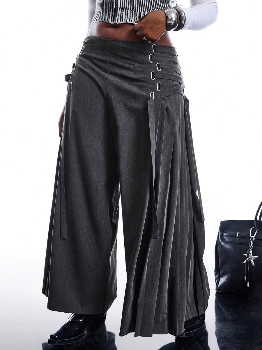 SHEIN EZwear 大码女式纯色侧系腰褶皱阔腿宽松裤 - 深灰色 - 查看 1