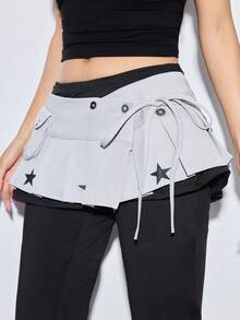 ROMWE Anime 1件 Y2K Baddie Kawaii Sweet Retro Plaid Pop Art Polka Dot Wing Note Mass Produced Lace Up Waist Accessor, Suitable For College, Shopping, Concerts, Et. - 灰色 - 查看 1