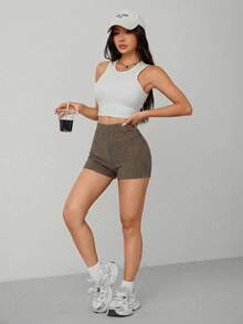 SHEIN PETITE Celana Pendek Biker Rajut Marled Musim Panas, Wanita Bertubuh Mungil - Mocha Brown - View 4