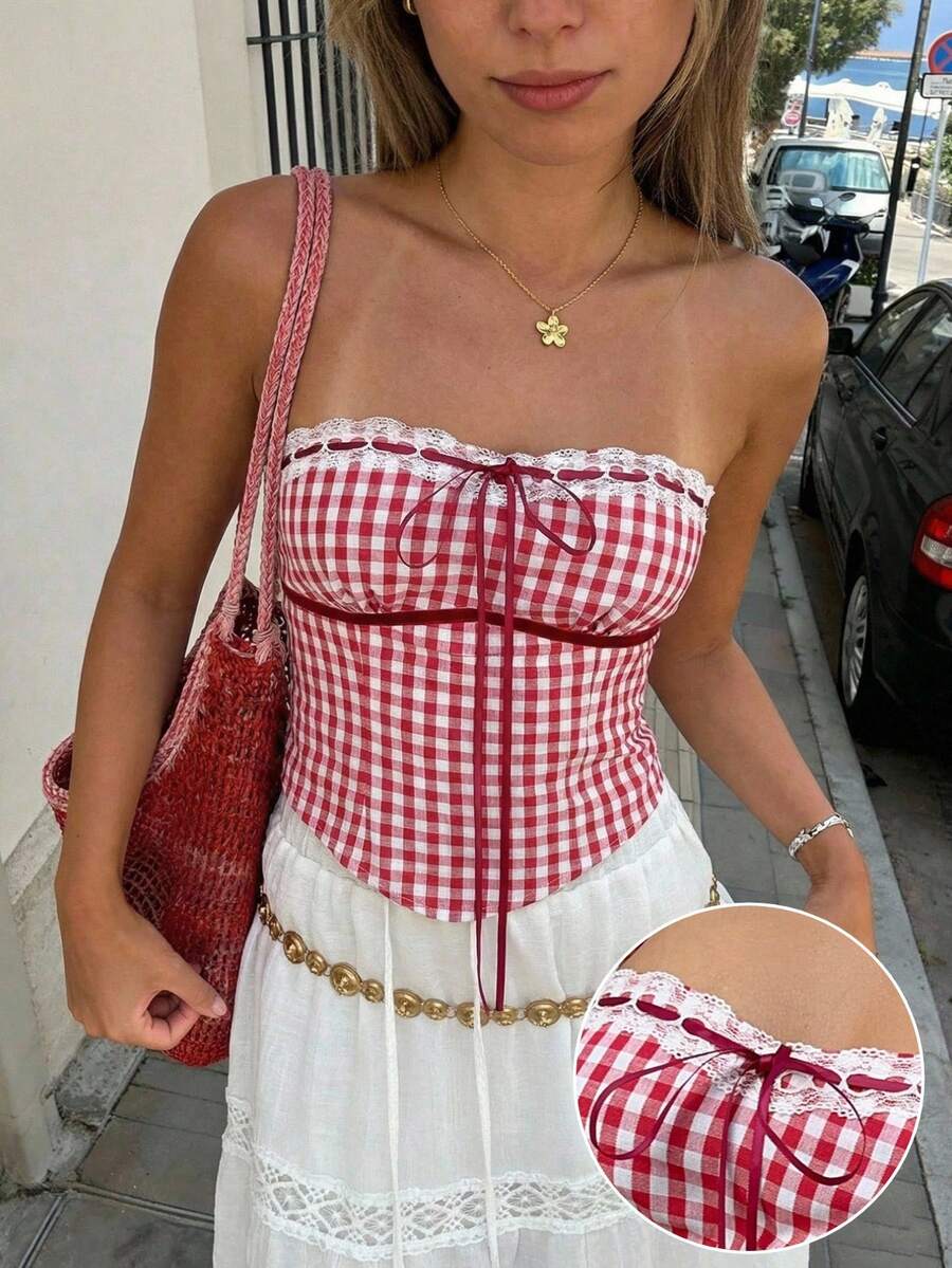 Aloruh Women's New Sleeveless Top, Red & White Plaid Pattern Bustier Tube Top With Lace Trim And Bow Decor, Y2K Style, Spring/Summer Women Beach For Women Holidays For Women Summer Holidays Women's Crop Top Going Out Top