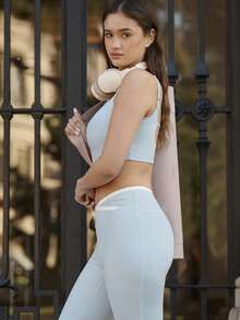 Nöista Cropped Cami With Square Neckline And Slim Straps With Removable Padding. Open Back Straps Detail Casual Summer Activewear. - Baby Blue - View 5