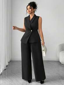 Elenzga Fashionable Casual French Style Elegant Asymmetric Waist V-Neck Sleeveless 2 Pieces Set - Black - View 6