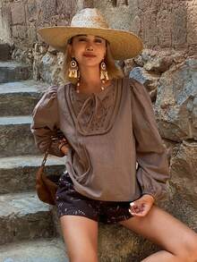 DAZY Embroidered Hollow Lace-Up Loose Long Sleeve Pullover Elegant Summer Blouse For Women - Brown - View 6