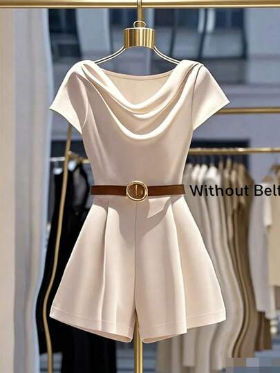 GlowEve Women's Elegant Satin Fabric Draped Neck Short Sleeve Cinched Waist Wide Leg Short Jumpsuit, Spring/Summer