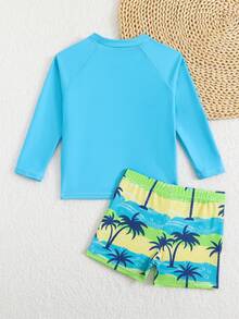 Conjunto de traje de baño para niño, estampado de árbol de coco para deportes y vacaciones - Azul menta - Ver 2