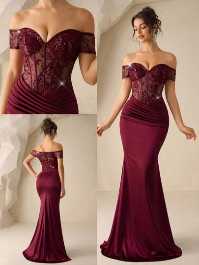 Coutiva Is This An Elegant Off-The-Shoulder Dress With Sheer Satin Trim, Sequin Embroidery, And A Mermaid-Style Hem? Suitable For Formal Evening Events, Wedding Receptions, Graduation Ceremonies, And Banquets. Women's Sequin Mermaid Formal Evening Gown One Shoulder Formal Dress Purple Women Evening Dress Gowns Glamorous Dress Dress Elegant Gala Dress Elegant Valentines Dress Elegant Dress Sequin Dress Pink Red Dress Floral Dress Valentines Dress Elegant Dress Sequin Dress Floral Dress Luxury Graduation Ceremony, School Opening, Music Festival, Birthday Party, Wedding, Afternoon Tea Gathering, Ball Off Shoulder Formal Dress Burgandy Dresses Elegant For A Wedding Luxury Dress Curve Formal Dresses Sexy Elegant Dress Burgundy Elegant Dress Burgundy Evening Gown Elegant Mermaid Dress Formal Dresses Burgundy Wine Red Dress