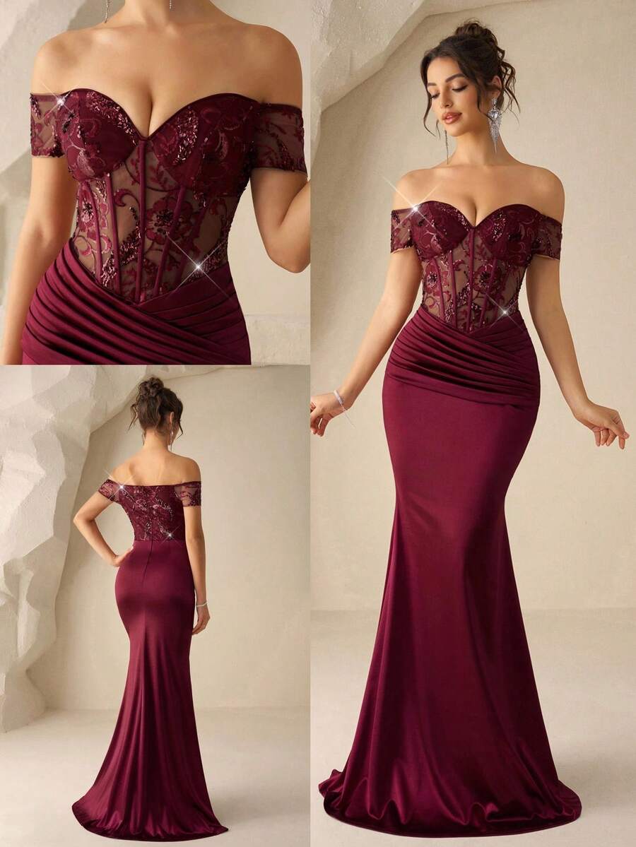 Coutiva Đây có phải là một chiếc đầm trễ vai thanh lịch với viền satin xuyên thấu, thêu sequin và kiểu dáng đuôi cá không? Thích hợp cho các sự kiện buổi tối trang trọng, tiệc cưới, lễ tốt nghiệp và các buổi tiệc chiêu đãi. - Màu Đỏ Sâu - Xem 1