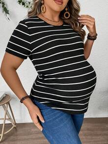 Plussiva Maternity Plus Size Casual Striped Short Sleeve Top, Summer - Black - View 5