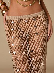 SHEIN BAE Chân váy cạp cao ôm sát, đính cườm cầu kỳ, gợi cảm, đa năng cho kỳ nghỉ và các sự kiện trang trọng. - Vàng - Xem 3