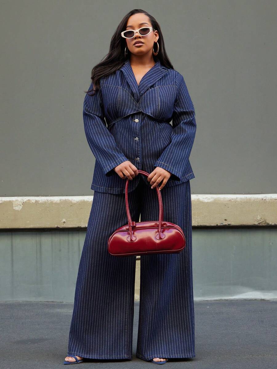 NYA SZN Petra 牛仔裤 高腰细条纹直筒修身款 街头风 日常休闲 节日 冬季假日 圣诞节 新年夜 优雅奢华 - 深色水洗藍 - 查看 1