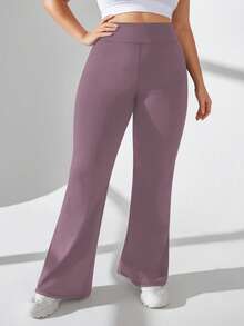 SHEIN Rhythm Era 大码女式高腰喇叭裤纯色运动裤 - Bold Plum - 查看 5