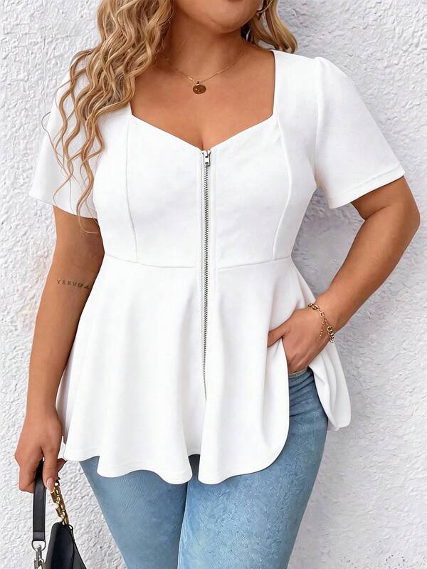 Elenzga Scoop Neck Short Sleeve Zip-Up Ruffle Hem Casual Elegant Plus Size Women Blouse
