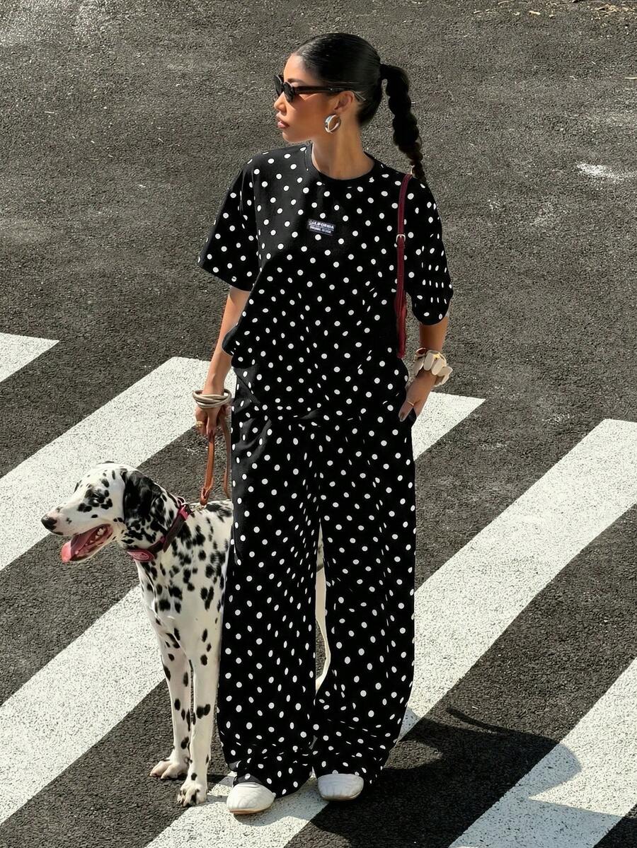 Muchica Women's Casual Black Polka Dot Pattern Loose T-Shirt And Wide Leg Pants Set, Suitable For Outings, Streetwear, Y2K Style, Spring/Summer - Black - View 1