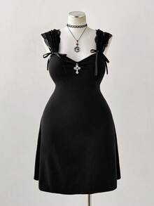 Sunspun Đầm chữ A ôm sát, chất liệu dệt kim co giãn, ren tối màu. - màu đen - Xem 3