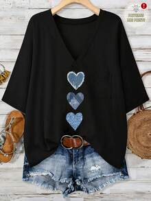 EMERY ROSE 休闲简约爱心印花大码T恤，适合夏季穿着 - 黑色 - 查看 1