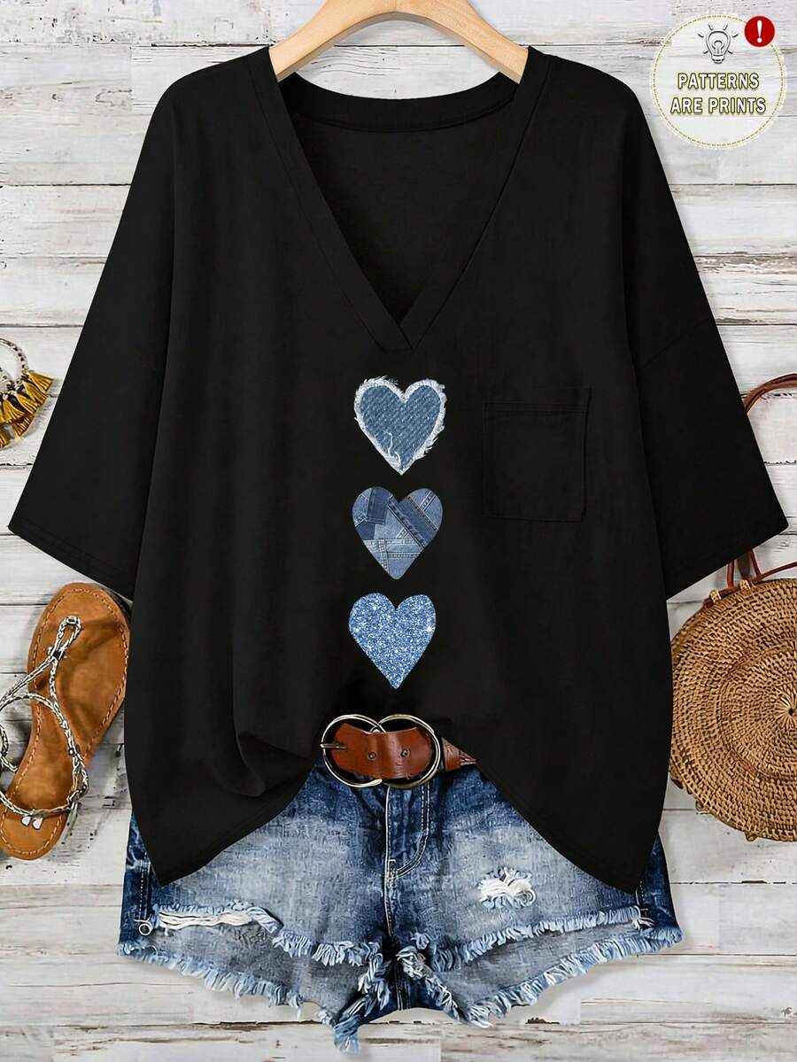 EMERY ROSE 休闲简约爱心印花大码T恤，适合夏季穿着 - 黑色 - 查看 1