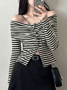 DAZY Women Stripe Off-Shoulder Fitted Long Sleeve T-Shirt, Spring/Summer,Fall Clothes Cute Tops - Black and White - View 1