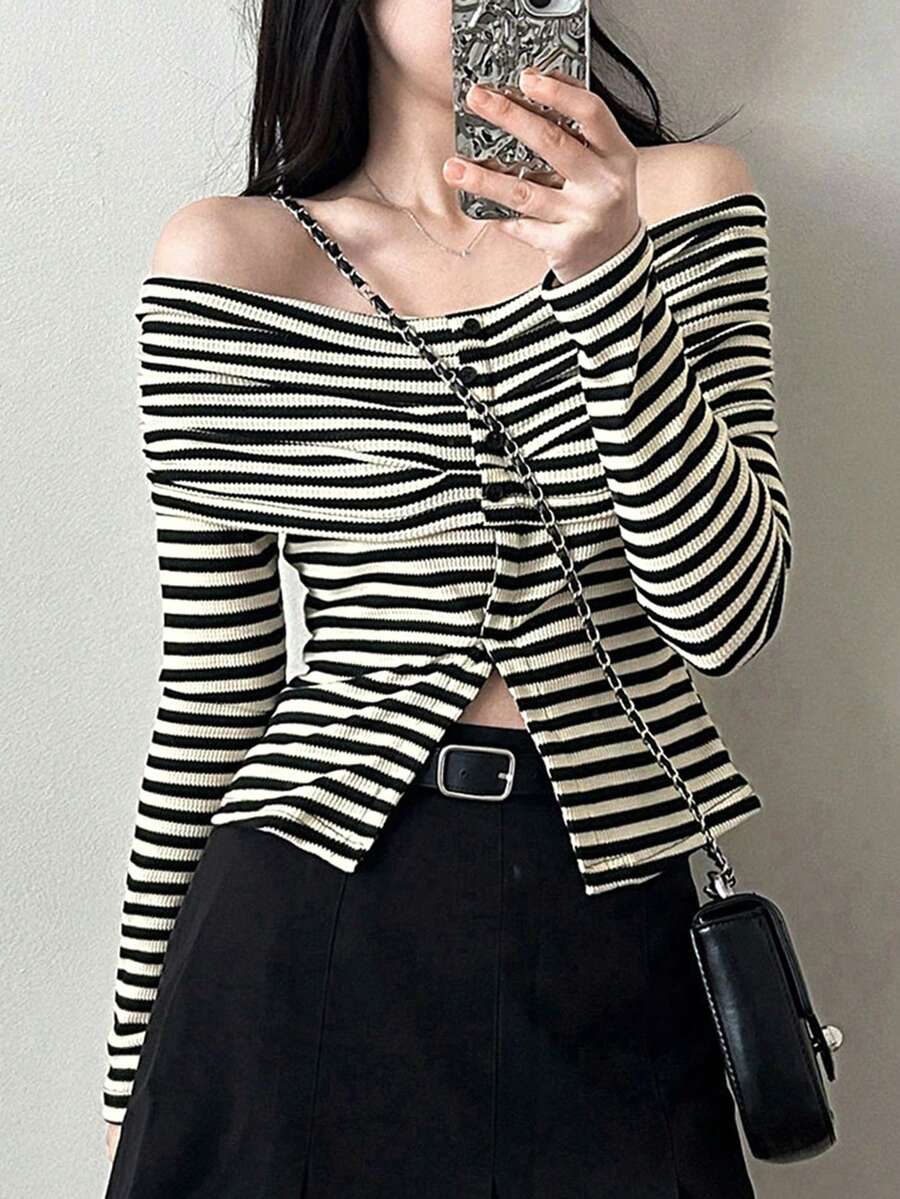 DAZY Women Stripe Off-Shoulder Fitted Long Sleeve T-Shirt, Spring/Summer,Fall Clothes Cute Tops - Black and White - View 1