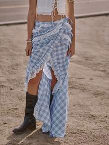 Easelle 波西米亚音乐节蕾丝拼接高低摆飘逸性感女裙 - 藍色 - 查看 6