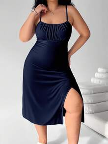 SHEIN EZwear Plus Size Women Solid Color Ruched Side Slit Hem Cami Dress - Navy Blue - View 5