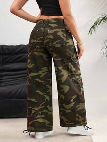 Rivivi Women's Camouflage Pocket Button Casual Loose Fit Everyday Wear Flare Leg Jeans - Multicolor - View 2