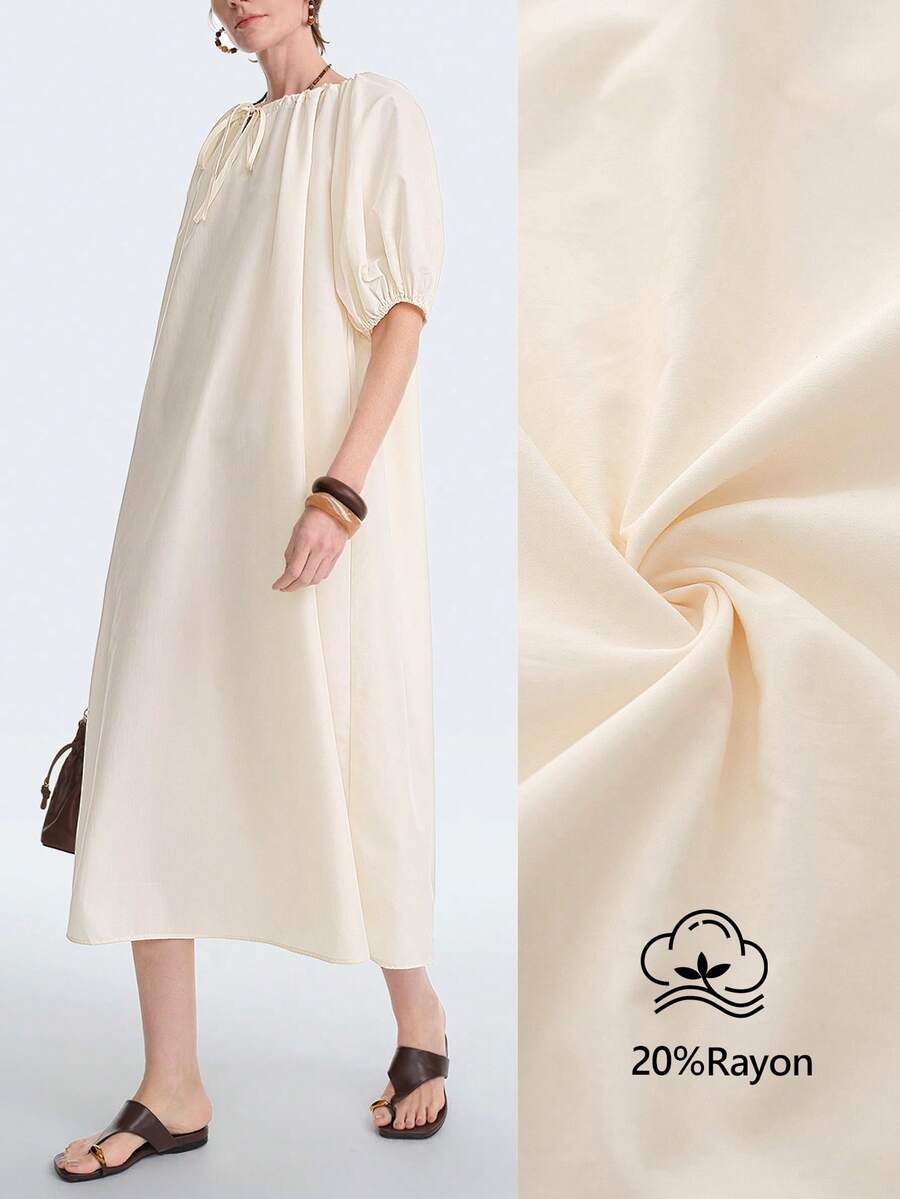 Aalyst Vestido camisero de mujer de poliéster-algodón con lazo en el cuello, mangas abullonadas, corte holgado, bolsillos laterales, manga corta, longitud larga. Elegante, romántico, vintage, para oficina, trayecto, negocios, playa, casual, versátil, adecuado para primavera/verano, vacaciones, San Valentín, té de la tarde, fiestas
