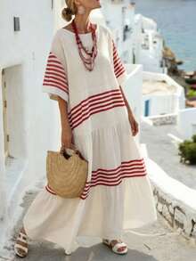 SHEIN Holidaya Vestido de mujer, cuello redondo, manga raglán, diseño de estampado digital de rayas rojas en el frente y la espalda, textura de fibra de bambú similar al algodón, estilo todo a juego, uso diario casual - Multicolor - Ver 4