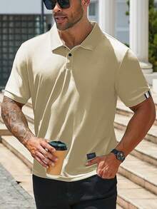 Manfinity Homme Plus Size Men's Casual Solid Color Short Sleeve Polo Shirt, Summer, Formal - Khaki - View 3