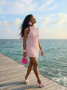 Slaydiva New Early Spring, Spring And Summer Music Festival, Valentine's Day, Easter, Bohemian Style, Nomadic Style, Casual, Simple And Basic, Cruise Party, Birthday Party, Daily Date, Casual Vacation, Elegant Commuting, Small Round Neck, Large Backless, Lace-Up Design, Slanted Hem, Pink Dress, Bubble Check Fabric, Ladies' Mini Dress -A - Baby Pink - View 4