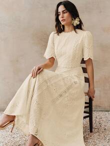 Anewsta Elegant Floral Trim Round Neck Waist Cinched Short Sleeve Dress For Women - Apricot - View 7