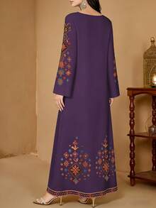 SHEIN Najma Floral & Botanical Print V-Neck Long Sleeve Dress, Elegant Arabic Style Maxi Dress, Spring/Summer - Multicolor - View 2
