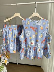 Comfortcana Bộ đồ cỡ lớn màu đỏ trắng kẻ caro gồm áo và quần short thắt nơ 3D phía trước, thích hợp cho mùa hè. - Nhiều màu - Xem 2