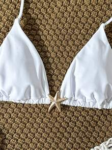 Swim Vcay Áo bikini dây buộc cổ màu trơn trang trí kim loại của Swim Chicsea-D dành cho nữ, thích hợp cho mùa xuân/hè. - trắng - Xem 5