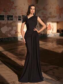 Aureia Áo choàng dáng xòe rộng, thiết kế tối giản mang hơi hướng tận thế, chất liệu vải dệt họa tiết, chất liệu lưới nhẹ, kiểu dáng trang trọng, tay áo xếp ly bất đối xứng, váy dự tiệc, áo choàng dài. - màu nâu - Xem 4