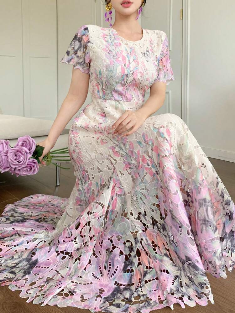 DAZY 女士优雅彩色镂空刺绣长裙，夏季吊带碎花连衣裙 - 粉色 - 查看 4