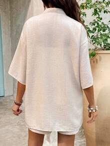 Bộ đồ bầu 2 món màu trơn tay ngắn, áo khoác mở phía trước và quần short, kiểu dáng thường ngày. - Màu Khaki - Xem 2