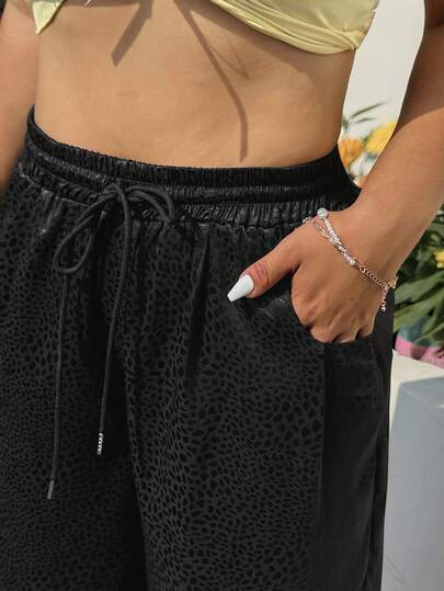 Muchica Plus Size Women Drawstring Waist Pockets Wide Leg Loose Casual Pants