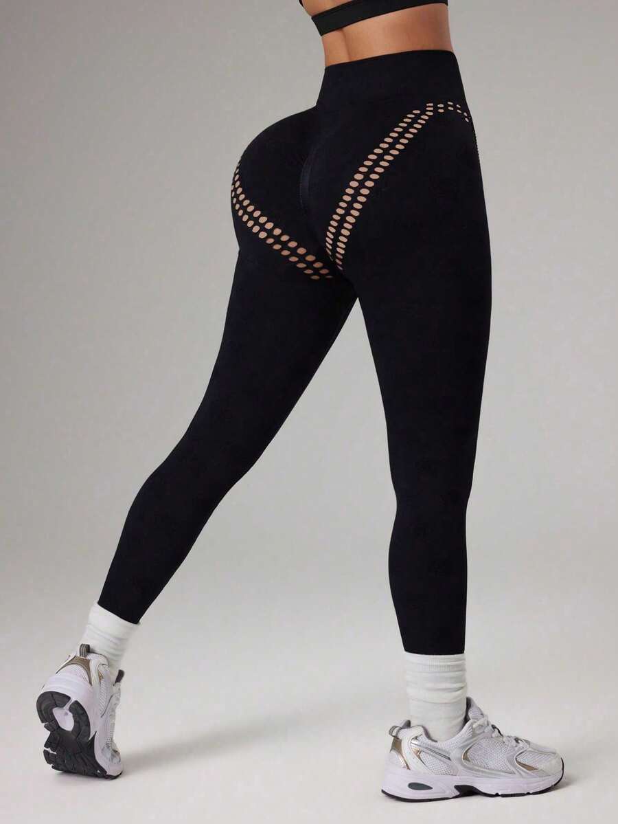 Dewbera Dewbera Nahtlose schwarze Damen-Sportleggings mit Rosen-Cut-Out-Design, geeignet für Training, Fitness, Yoga - Schwarz - Übersicht 1